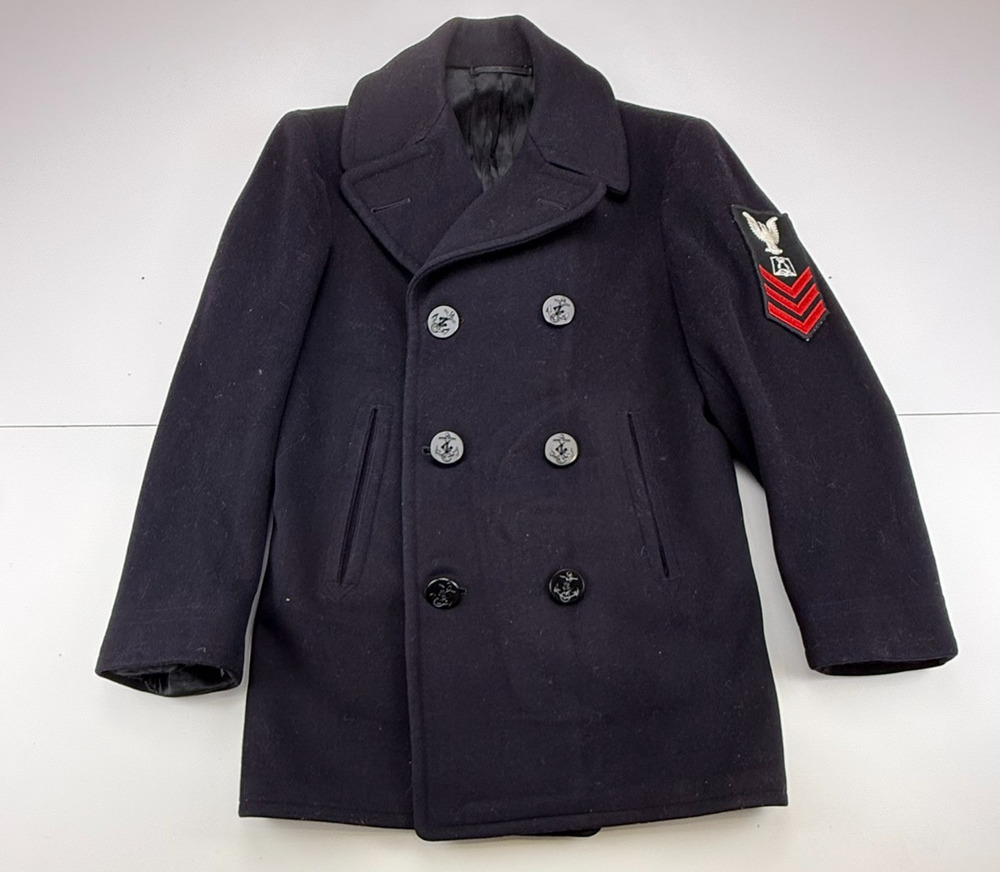 Vintage 60s US Navy Peacoat Mens 34 Wool Kersey Military USN Petty Officer